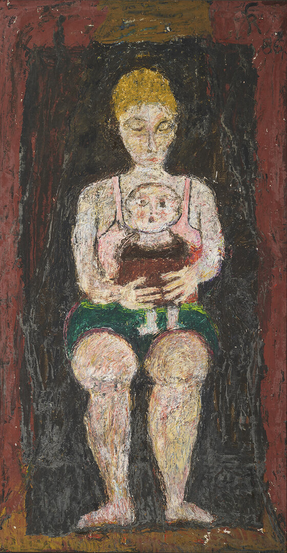 Konrad Koller Mutter mit Kind, Öl auf Holz, 1986